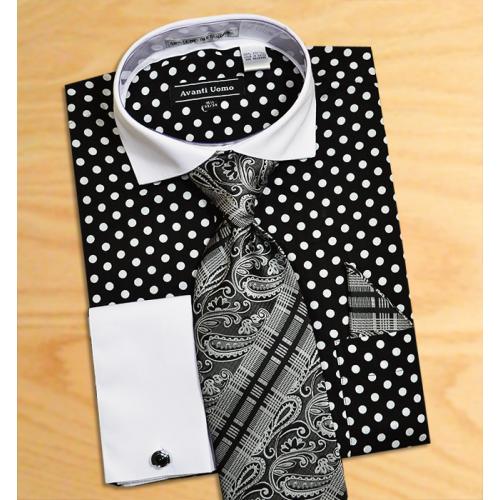 Avanti Uomo Black With White Polka Dot Two Tone Design 100% Cotton Shirt / Tie / Hanky Set With Free Cufflinks DN47M.
